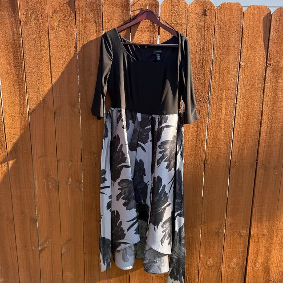 R&M Richards Black & Grey Floral High-Lo Tie Dress 3/4 Sleeves Size 14 - Picture 3 of 7